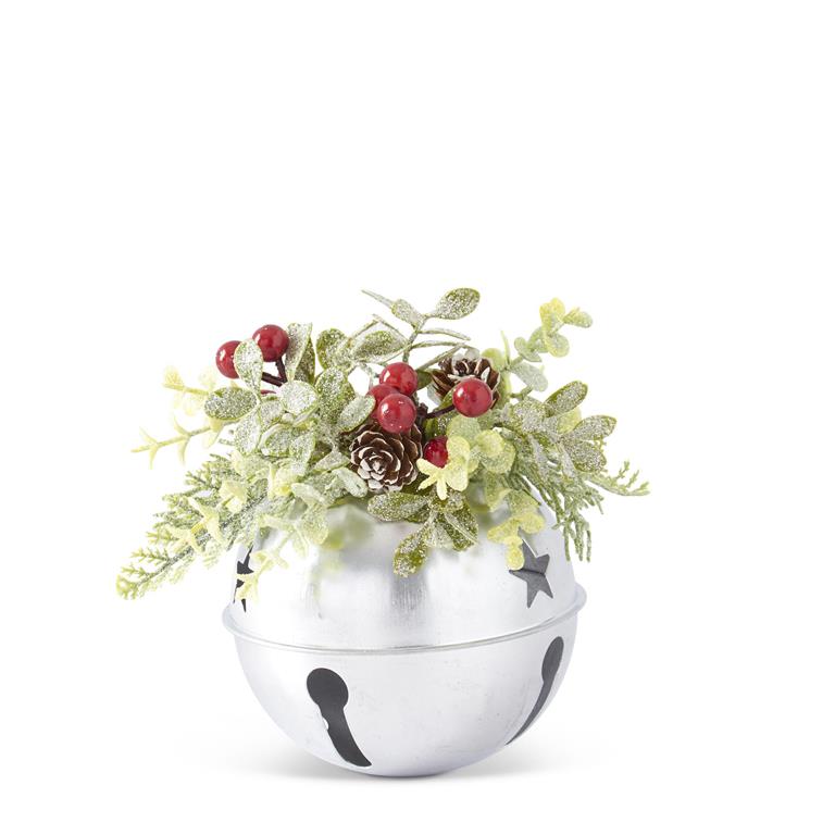 5 Inch Bell w/Glittered Foliage Red Berries & Pinecones