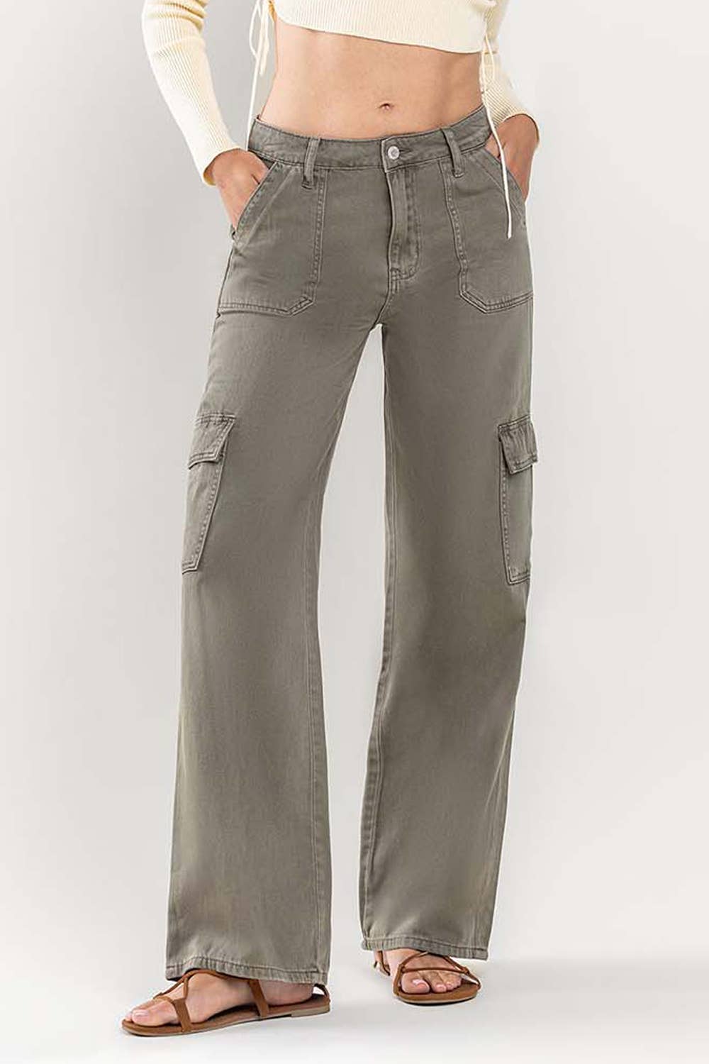 VERVET OLIVE HIGH RISE UTILITY CARGO WIDE JEANS