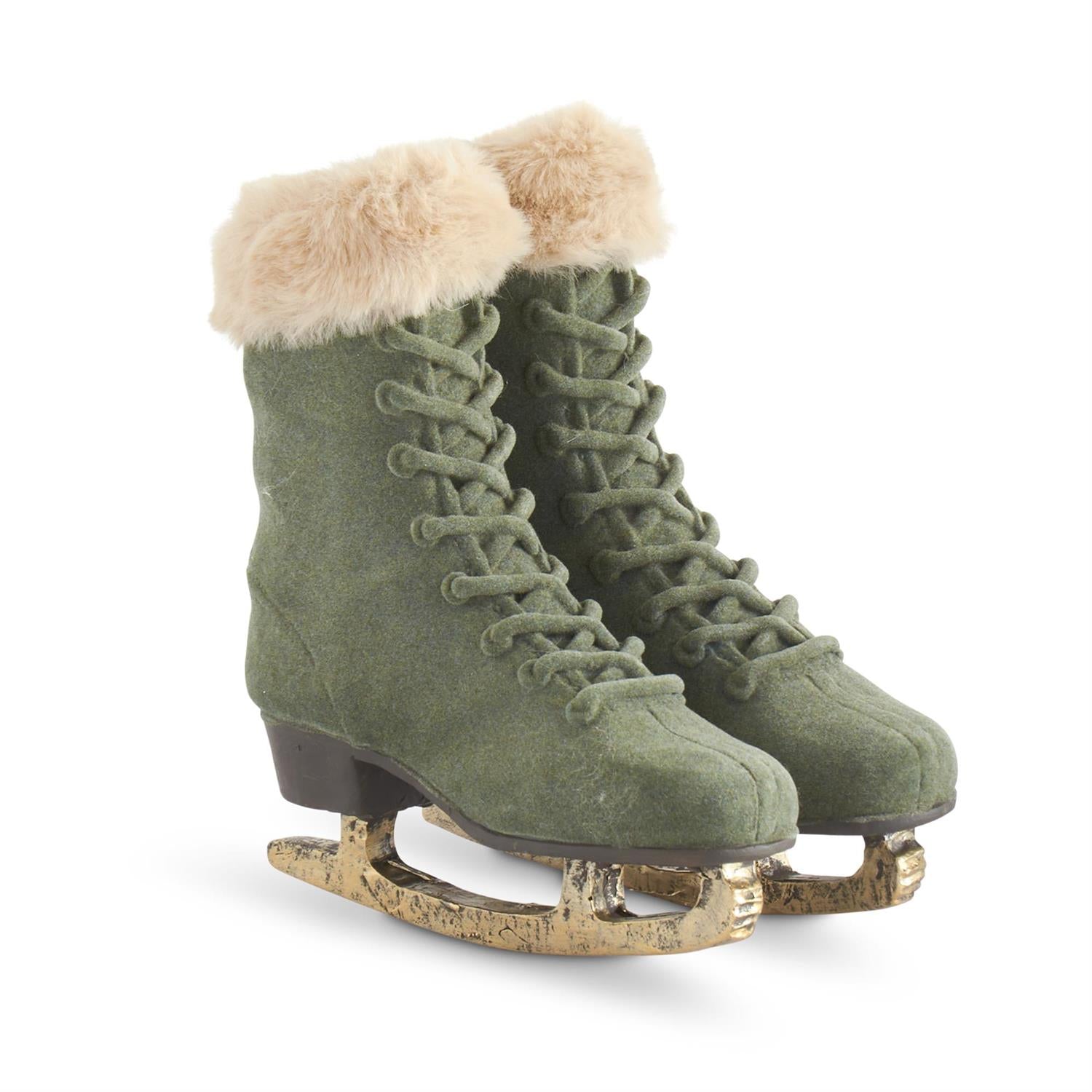 7 Inch Sage Green Velvet Ice Skates w/Beige Faux Fur
