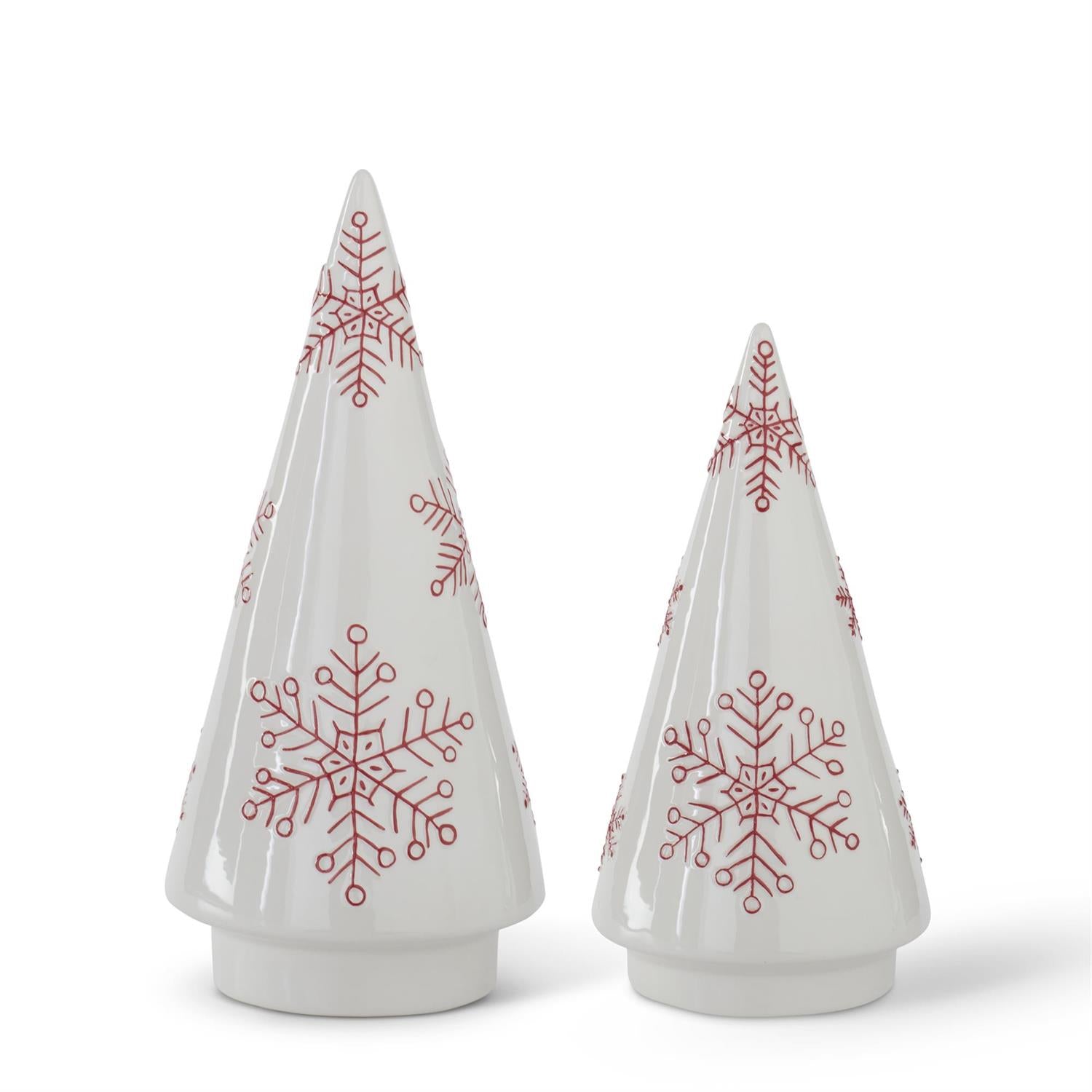 White Ceramic Cone Trees w/Red Snowflakes