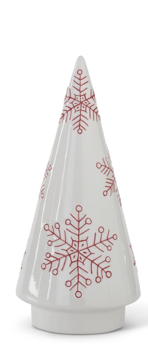 White Ceramic Cone Trees w/Red Snowflakes