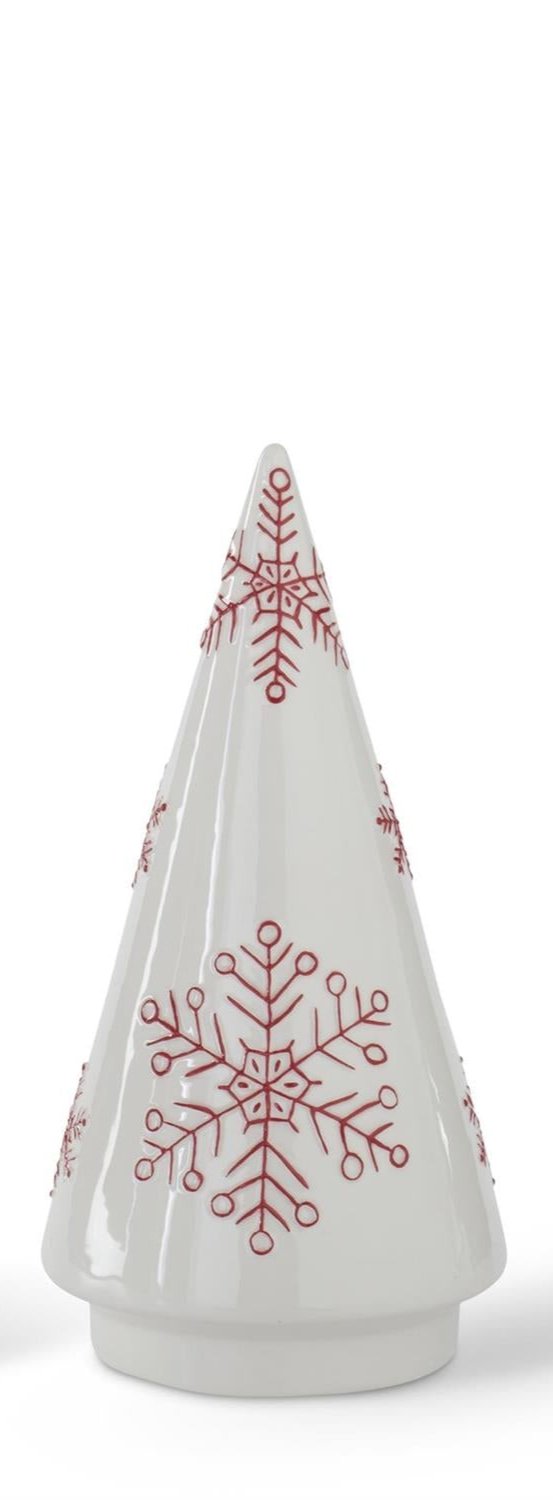 White Ceramic Cone Trees w/Red Snowflakes