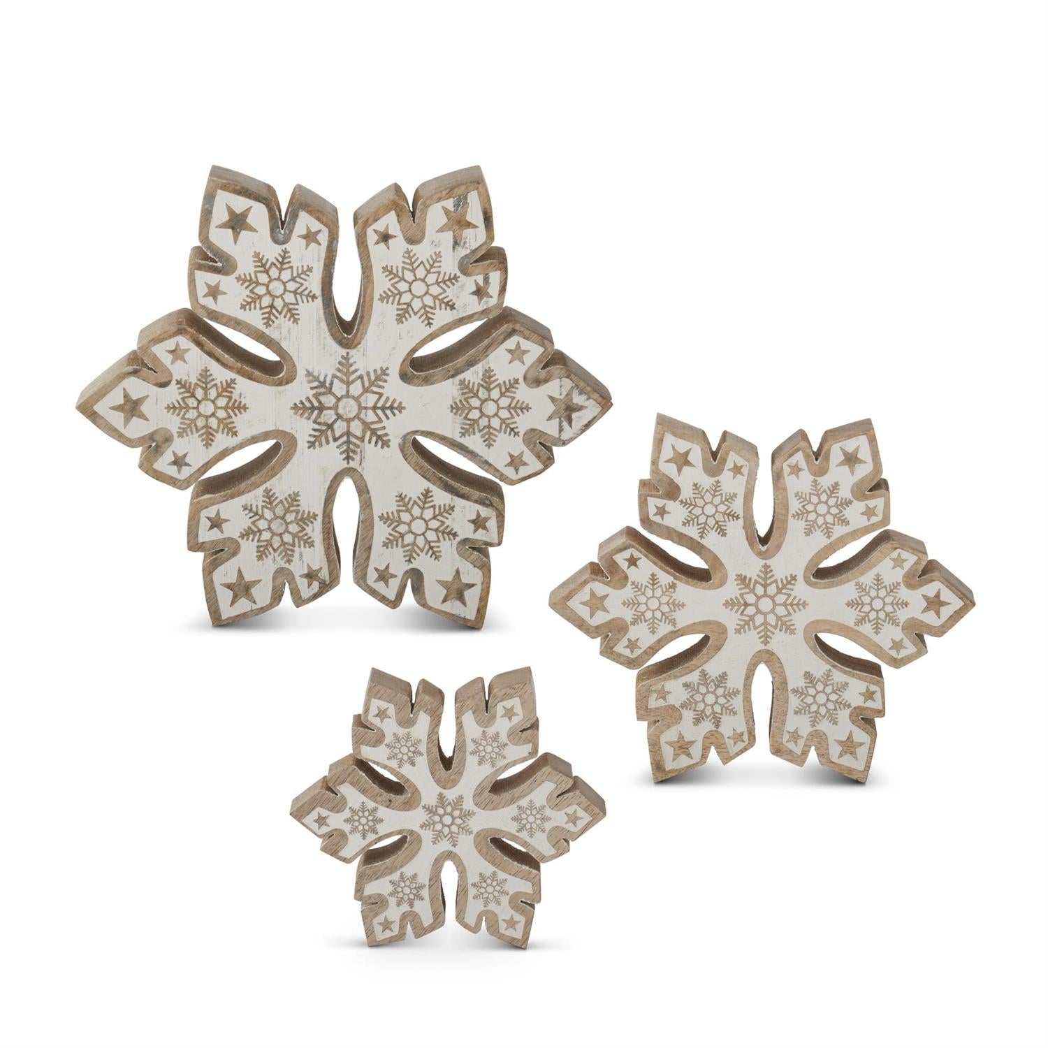 Mango Wood Snowflakes w/White Embossed