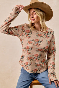 Floral Print Washed Waffle Thermal Top With Thumb