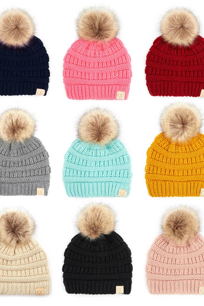 Black C.C Kids Solid Ribbed Beanie with Pom