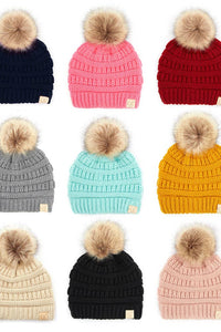 Black C.C Kids Solid Ribbed Beanie with Pom