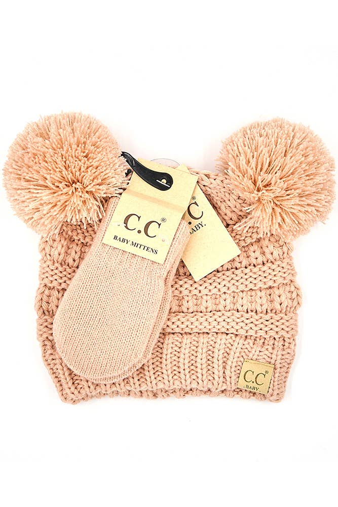 Indi PinkC.C Baby Solid Ribbed Pom Beanie and Mitten Glove