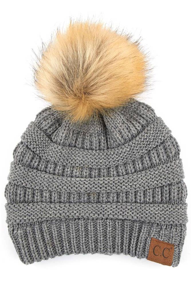 Light Melange Gray C.C Solid Ribbed Knit Beanie With Pom
