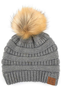 Light Melange Gray C.C Solid Ribbed Knit Beanie With Pom