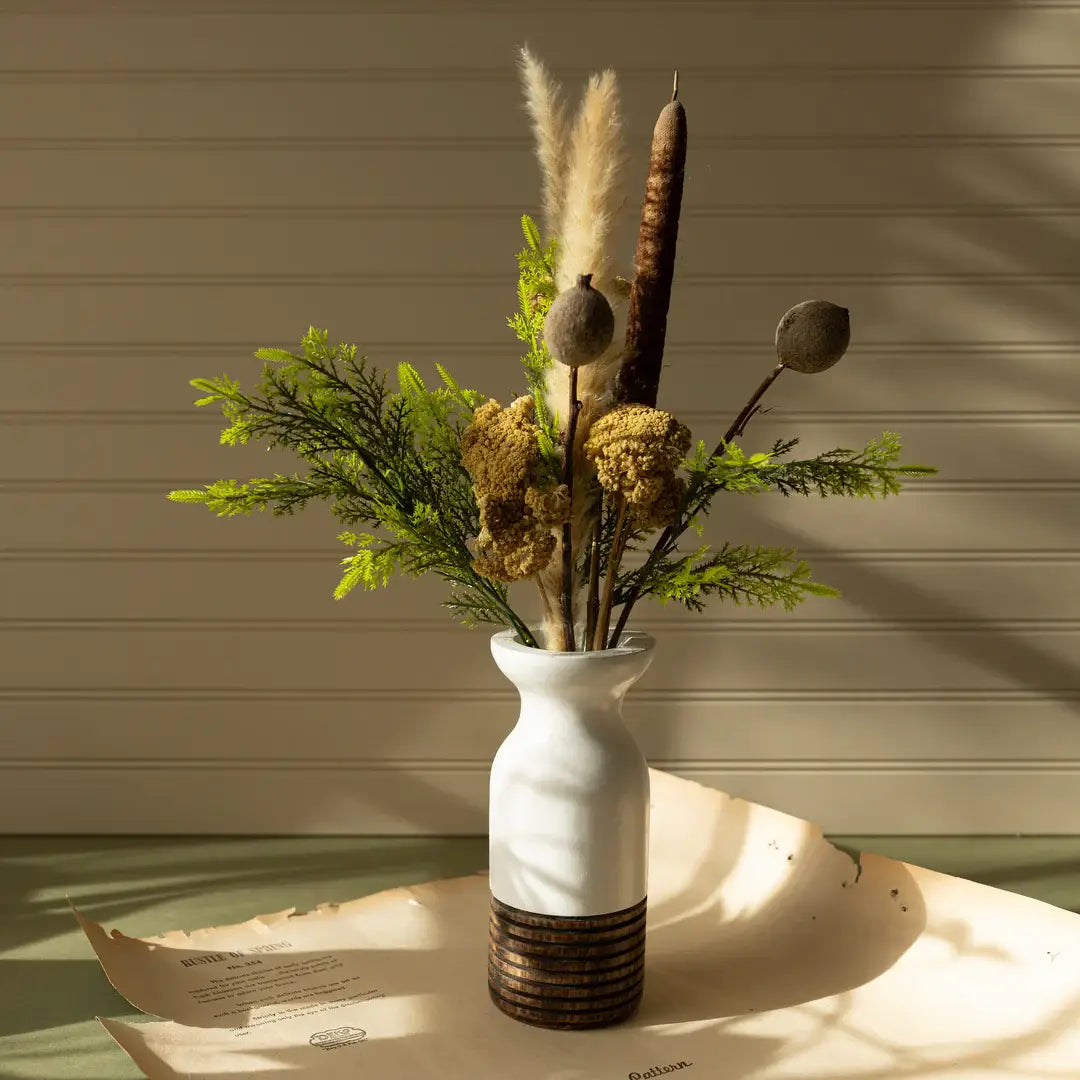 Arlen Carved Wood Dried Florals Vase White