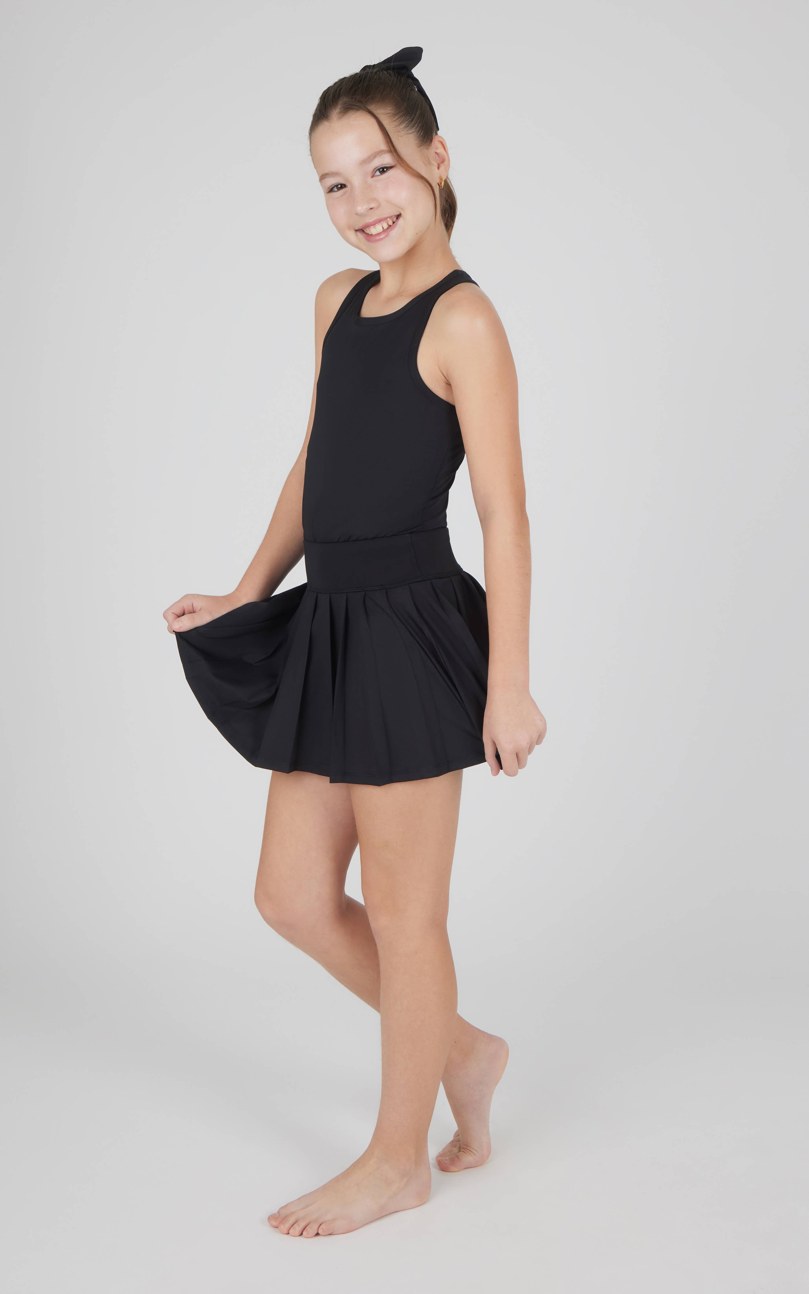Black Girls Racerback Tank, Pleated Skort, and Scrunchie Bow Set