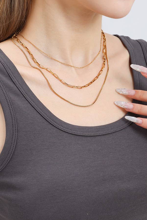 18K Stainless Steel Tarnish-Free Layered Link and Box Chain Necklace