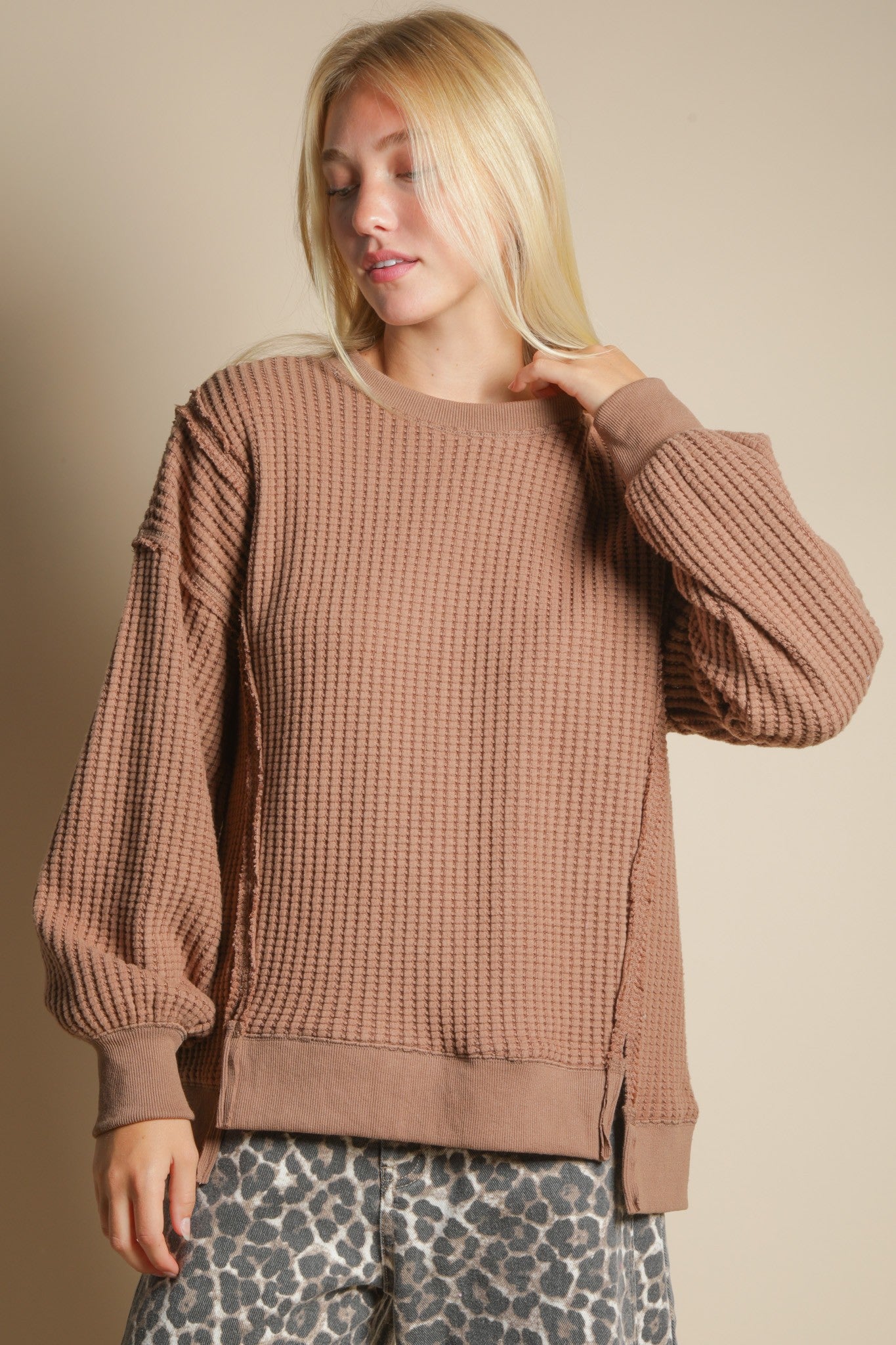 Mocha Oversized Waffle Knit Casual Top