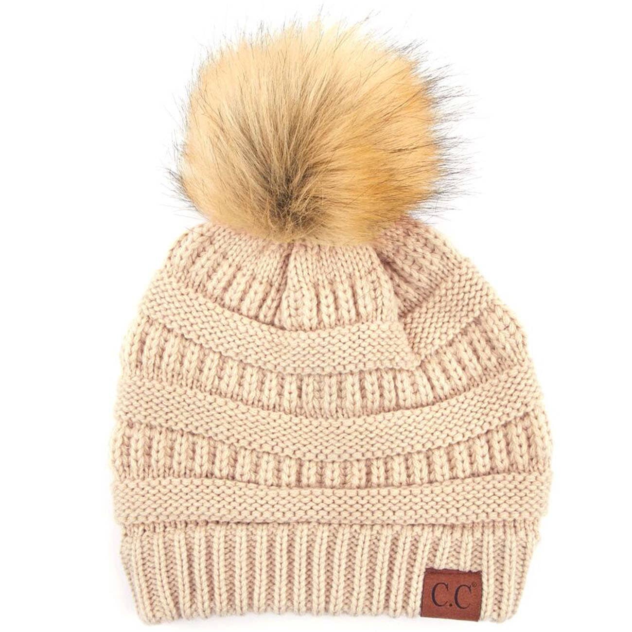 Beige C.C Solid Ribbed Knit Beanie With Pom