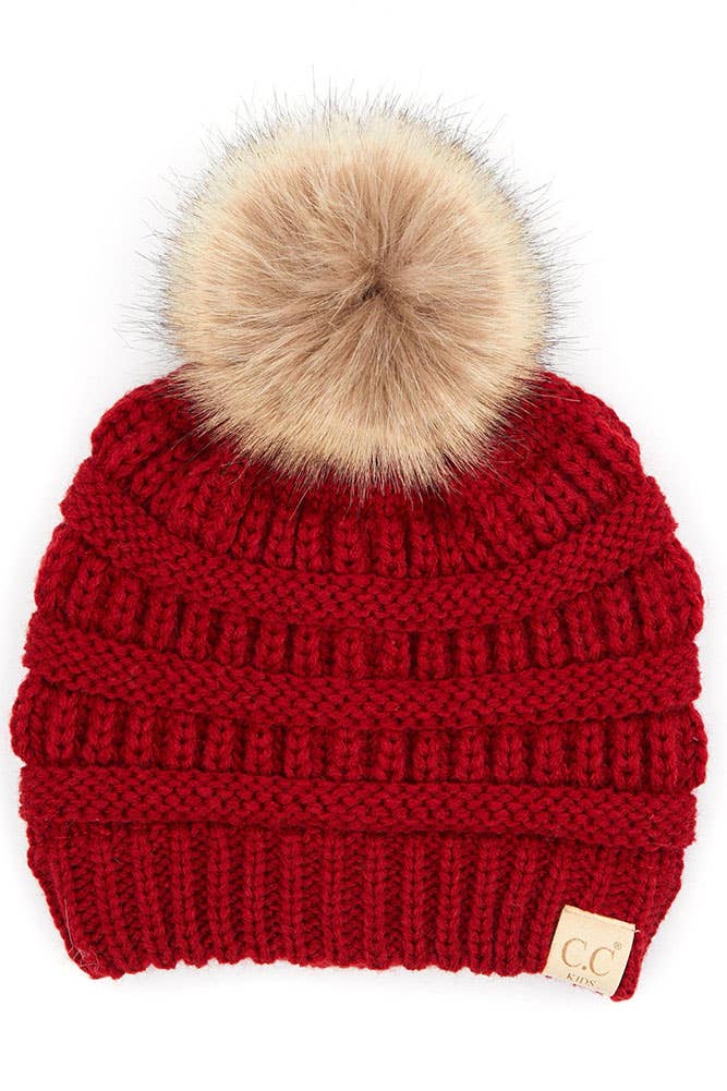 Black C.C Kids Solid Ribbed Beanie with Pom