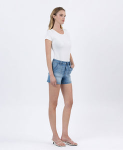 POWDER PUFF HIGH RISE PATCH POCKET DENIM SHORTS