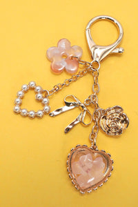 BAG CHARM- PRESSED FLOWER BOW PEARL HEART CHARMS