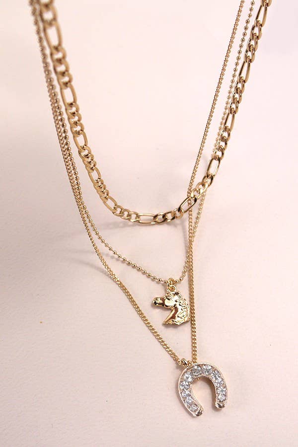 TRIO LAYERED HORSE CHARM HORSE SHOE NECKLACE