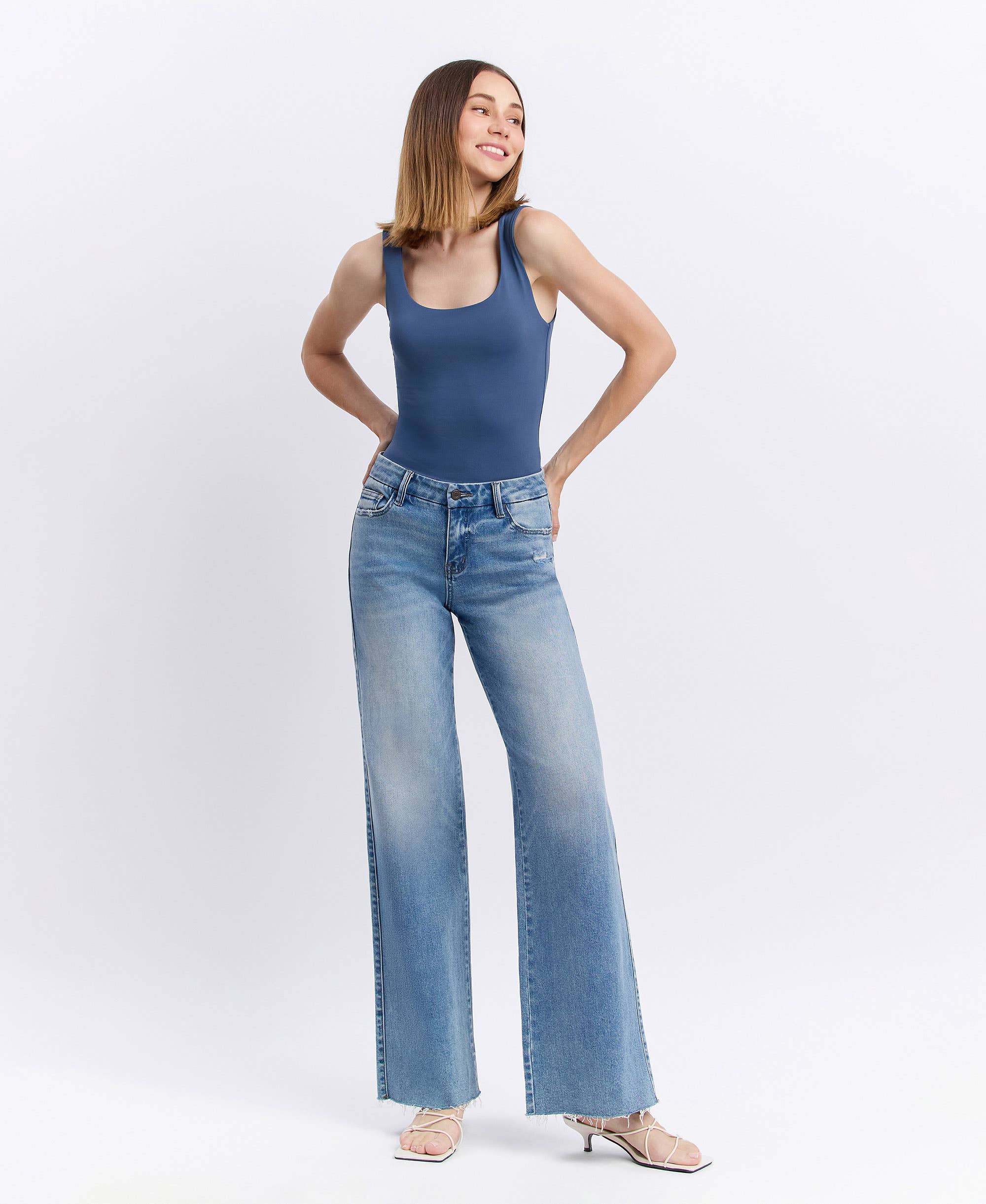 VOUCHSAFE MID RISE CLEAN CUT RAW HEM WIDE JEANS