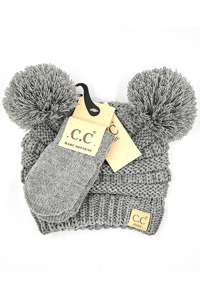 Light Melange Gray C.C Baby Solid Ribbed Pom Beanie and Mitten Glove