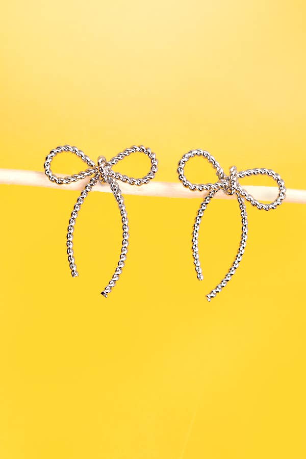 SILVER ROPE BOW DESIGN STUD EARRINGS