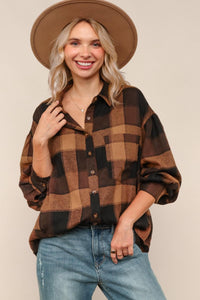 Camel & Black Plaid Long Sleeve Loose Fit Woven Shirts