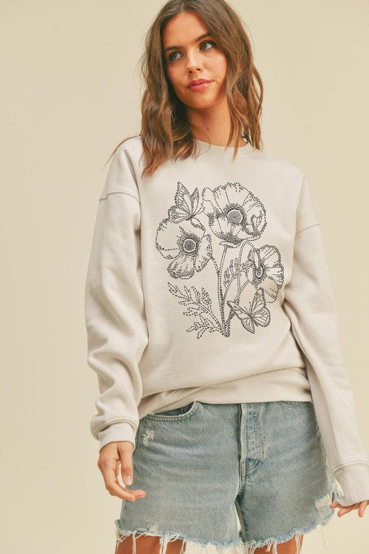 Dusty Heather Flower Embroidery Graphic Sweatshirts