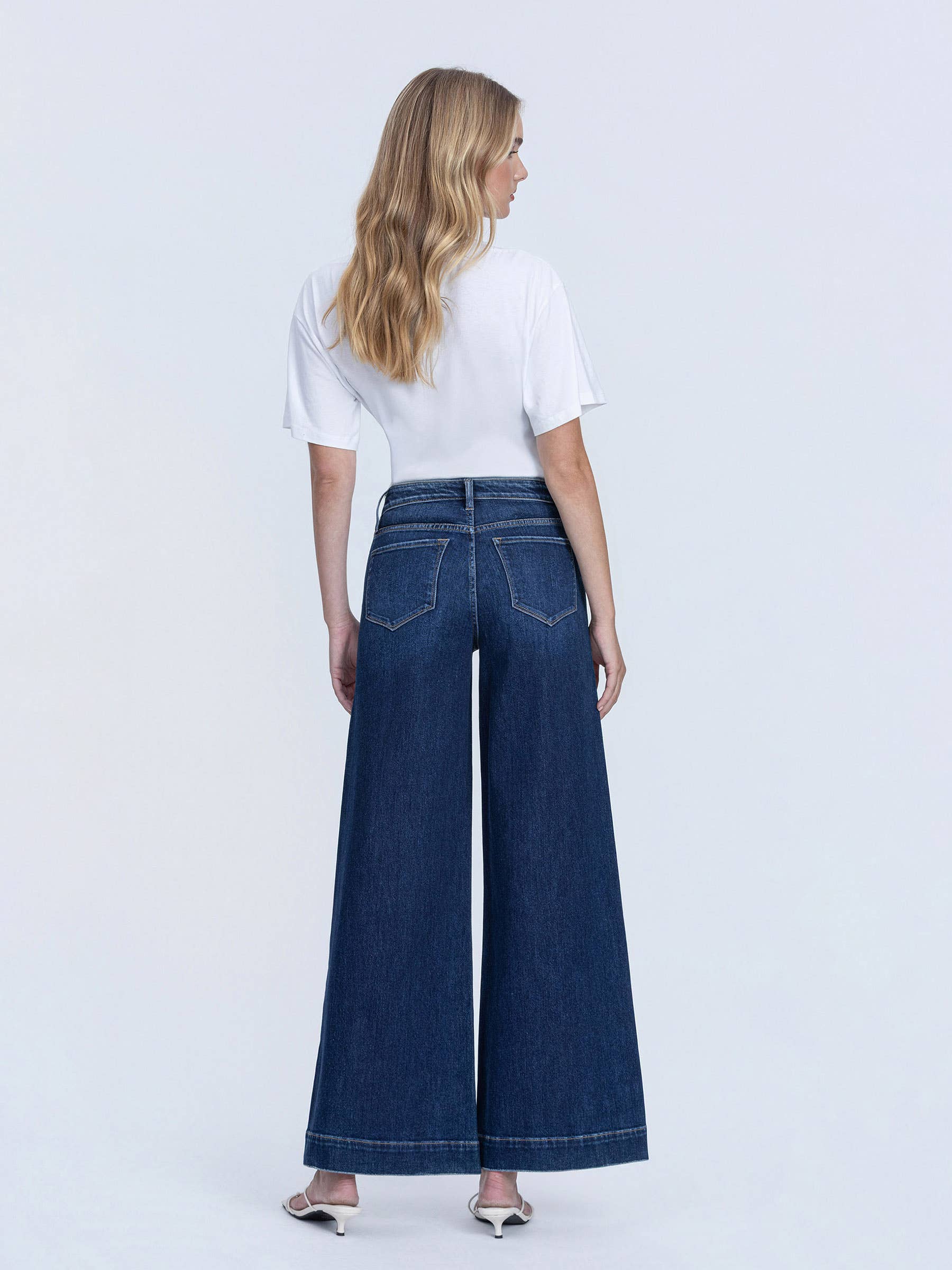 HIGH RISE DARK WASH FUSED WAISTBAND PALAZZO JEANSd