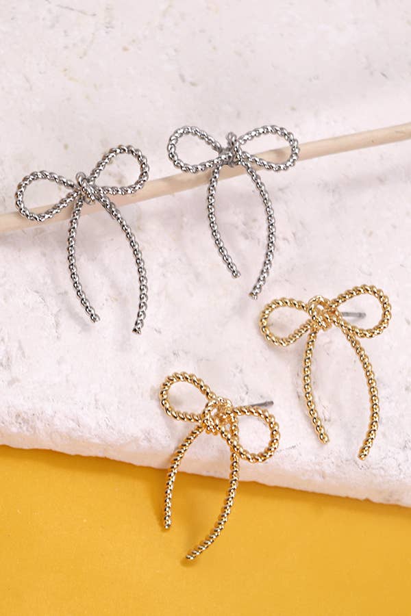 SILVER ROPE BOW DESIGN STUD EARRINGS