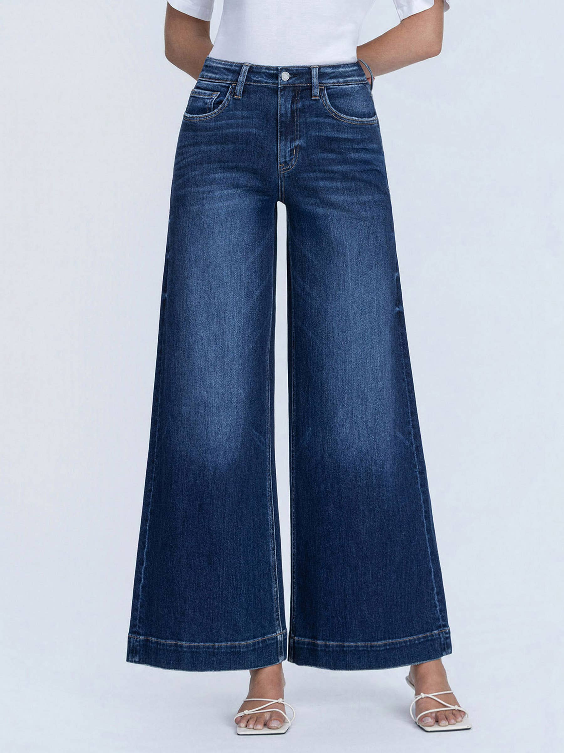 HIGH RISE DARK WASH FUSED WAISTBAND PALAZZO JEANSd