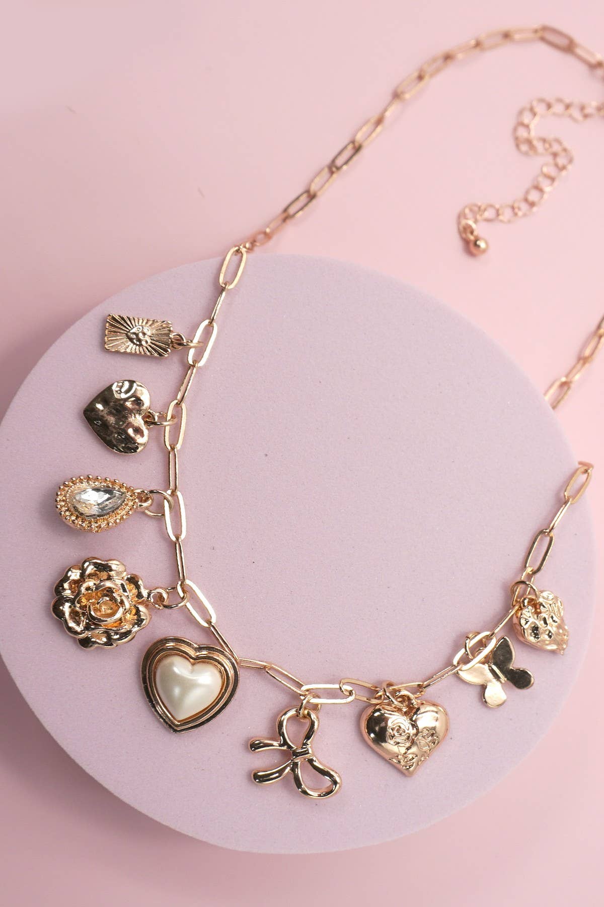 GOLD CHARM NECKLACE-BOW HEART RHINESTONE FLOWER