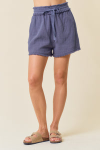 Navy Frayed Cotton Gauze Shorts