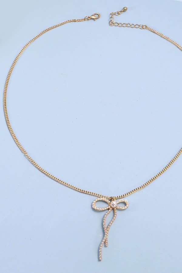 PEARL EMBELLISHED BOW PENDANT NECKLACE