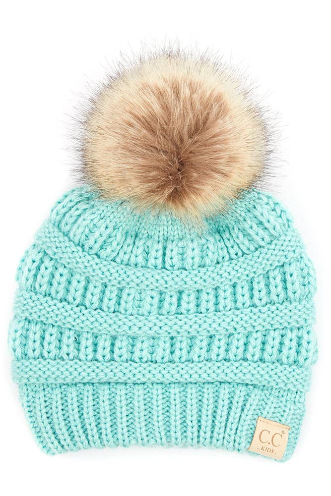Black C.C Kids Solid Ribbed Beanie with Pom