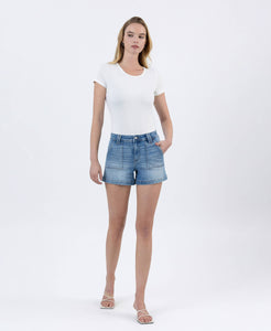 POWDER PUFF HIGH RISE PATCH POCKET DENIM SHORTS