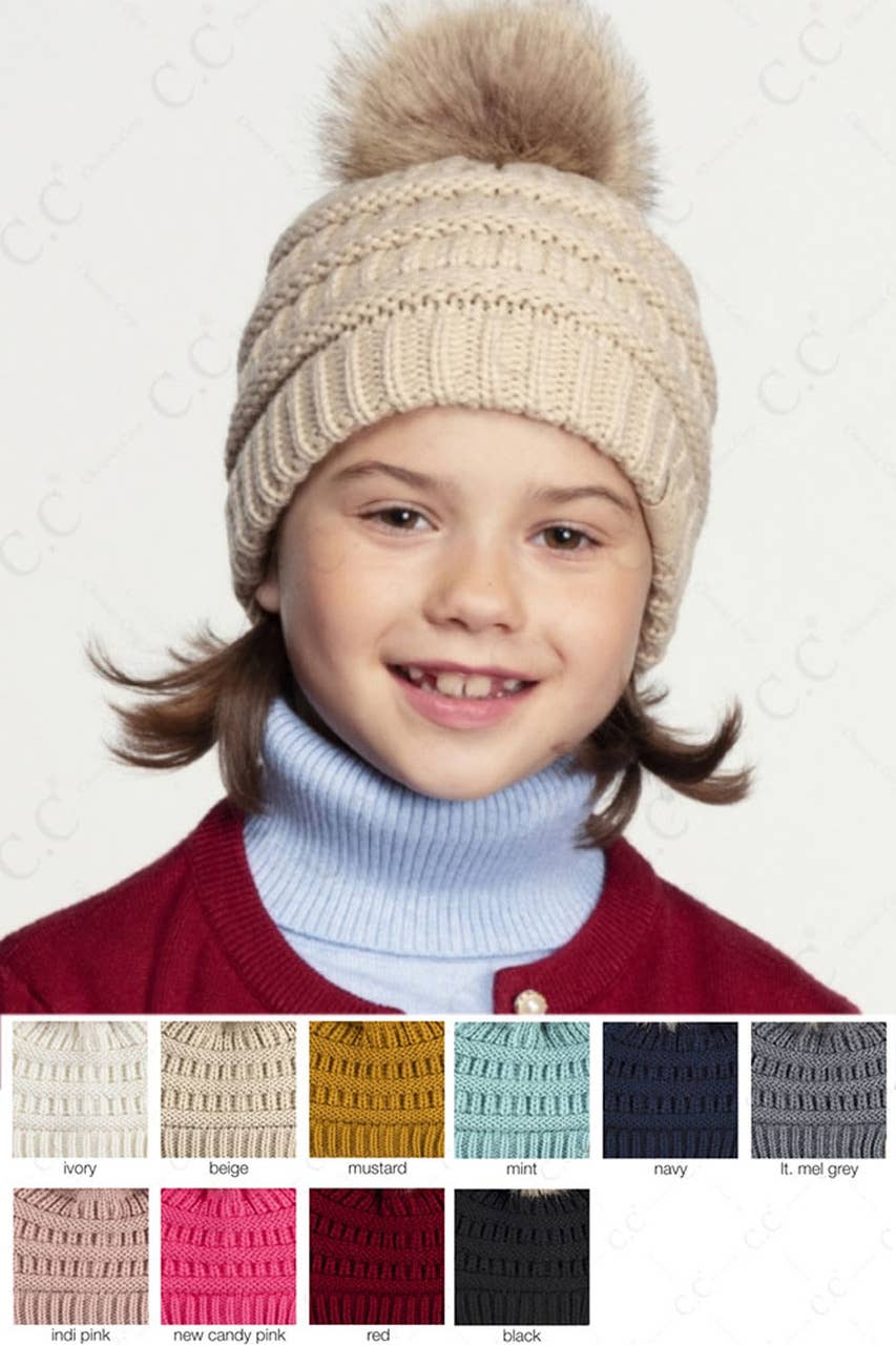 Black C.C Kids Solid Ribbed Beanie with Pom