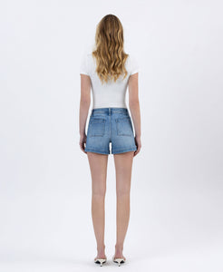 POWDER PUFF HIGH RISE PATCH POCKET DENIM SHORTS
