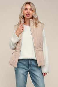 Tan High Neck Zip Up Quilted Puffer Vest