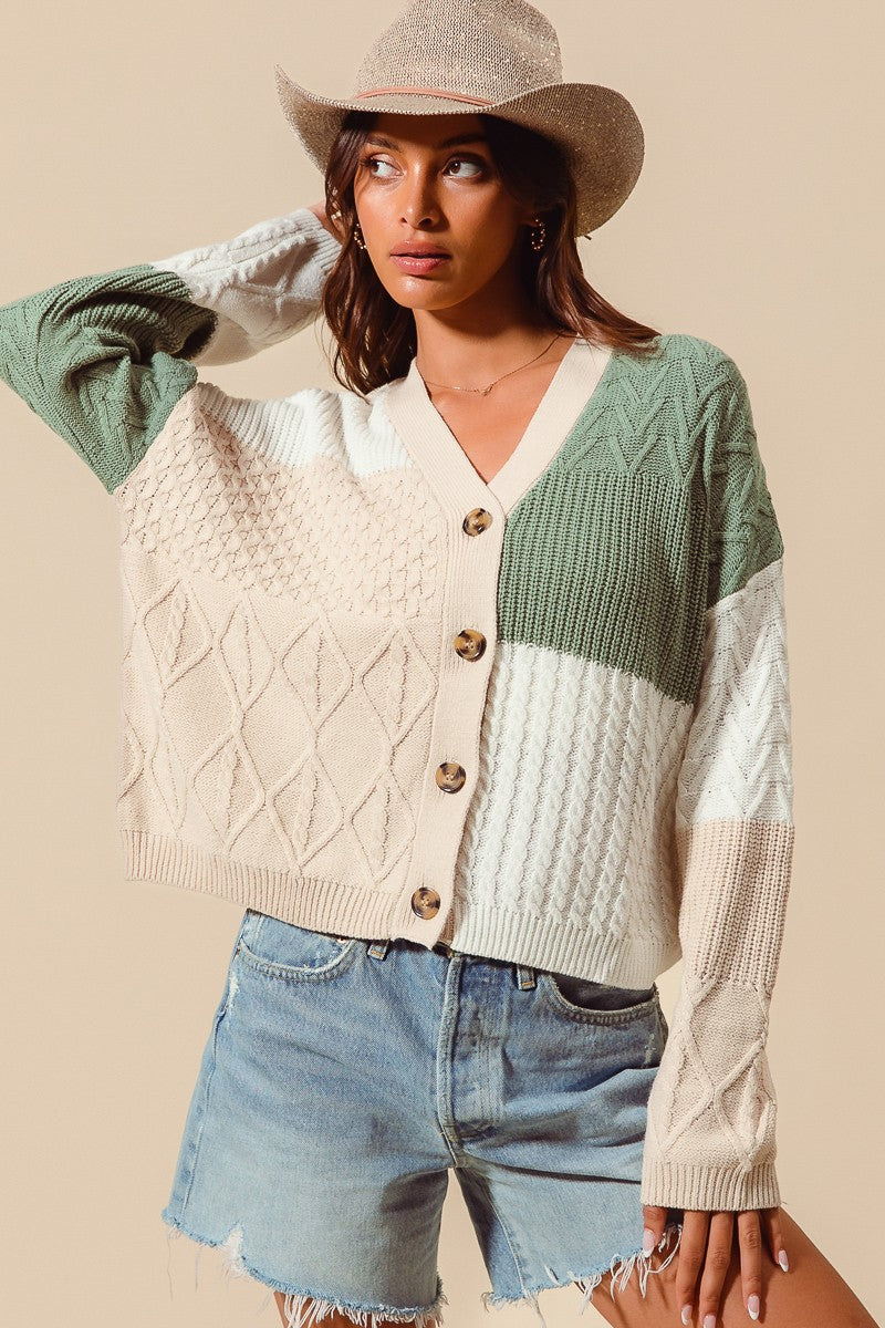 Sage Multi Pattern Knitted Color Block Cardigan