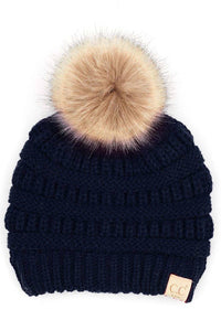 Black C.C Kids Solid Ribbed Beanie with Pom
