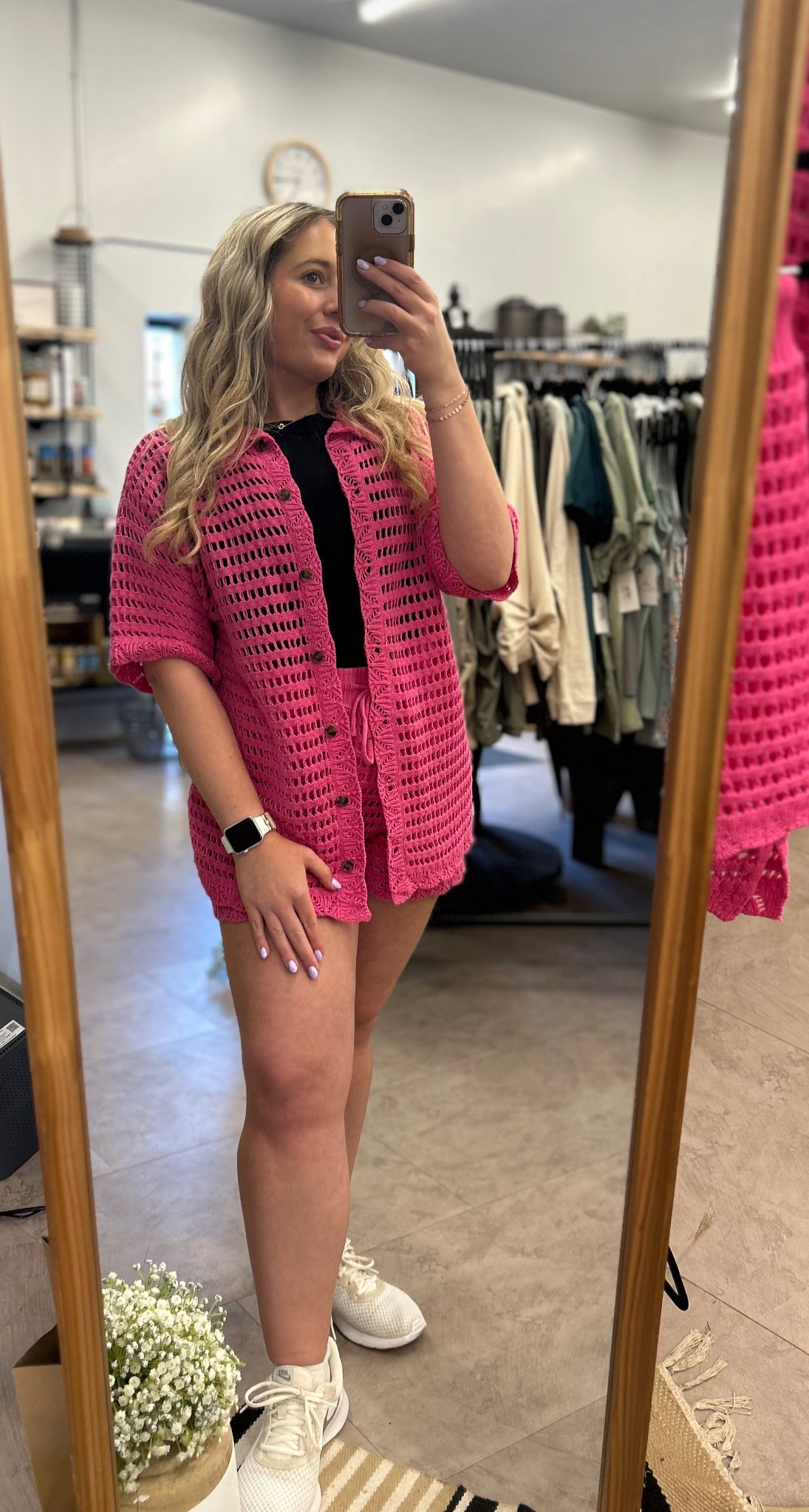 FUCHSIA POINTELLE SWEATER SHIRT AND SHORTS SET