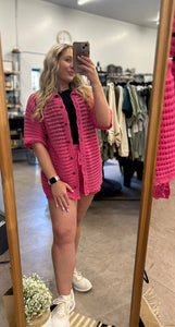 FUCHSIA POINTELLE SWEATER SHIRT AND SHORTS SET