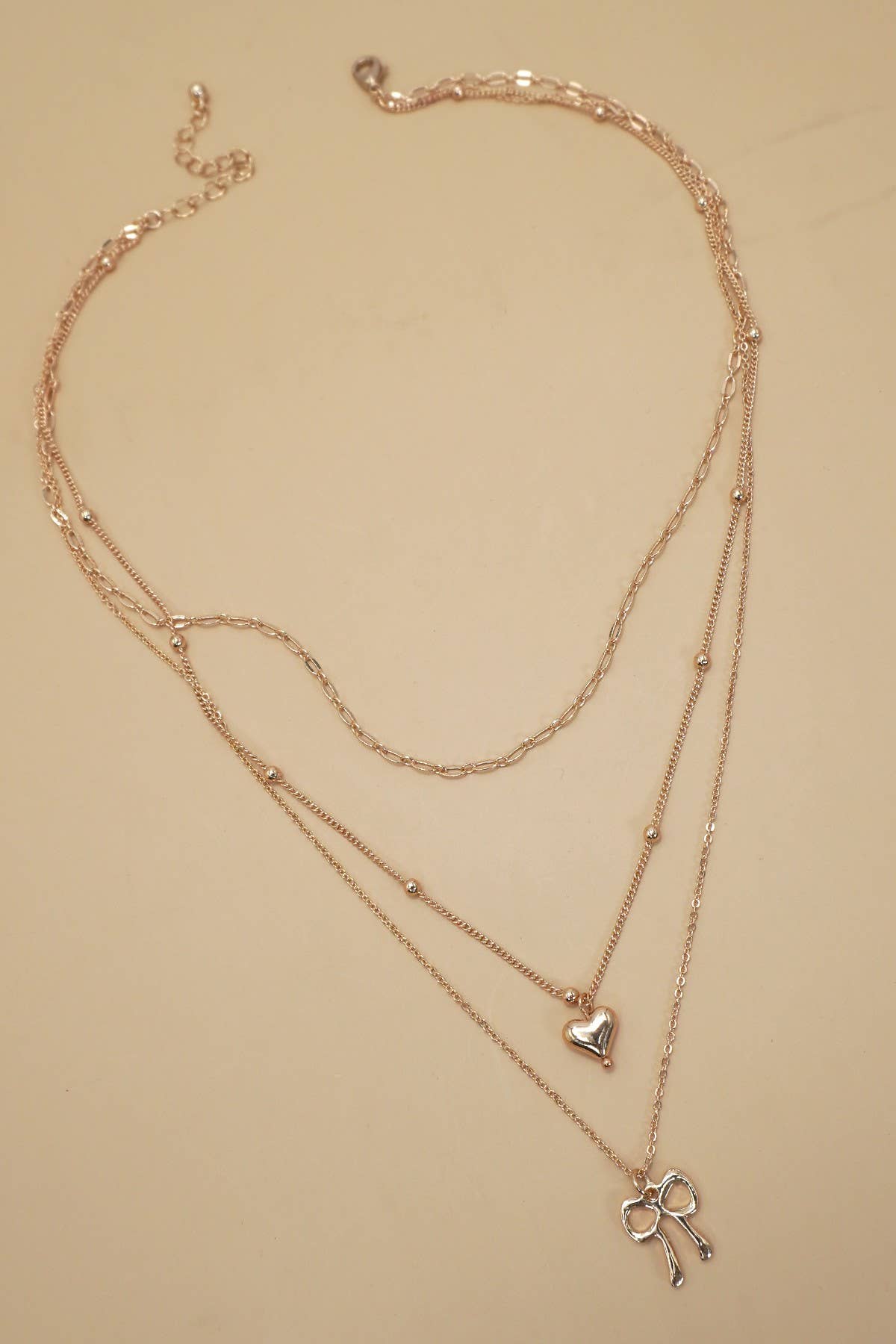 MULTI LAYER BOW HEART CHARM DROP NECKLACE |