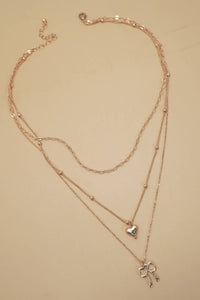 MULTI LAYER BOW HEART CHARM DROP NECKLACE |