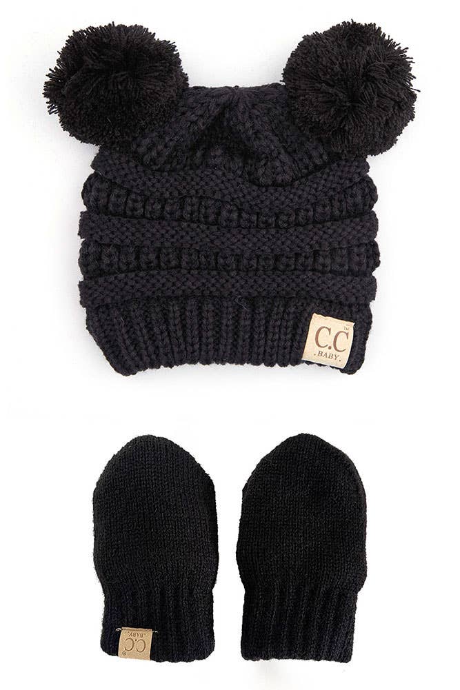Black C.C Baby Solid Ribbed Pom Beanie and Mitten Glove