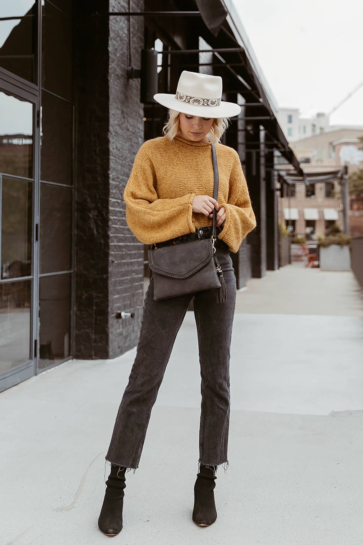 Black Sloane Flapover Crossbody w/ Whipstitch and Tassel