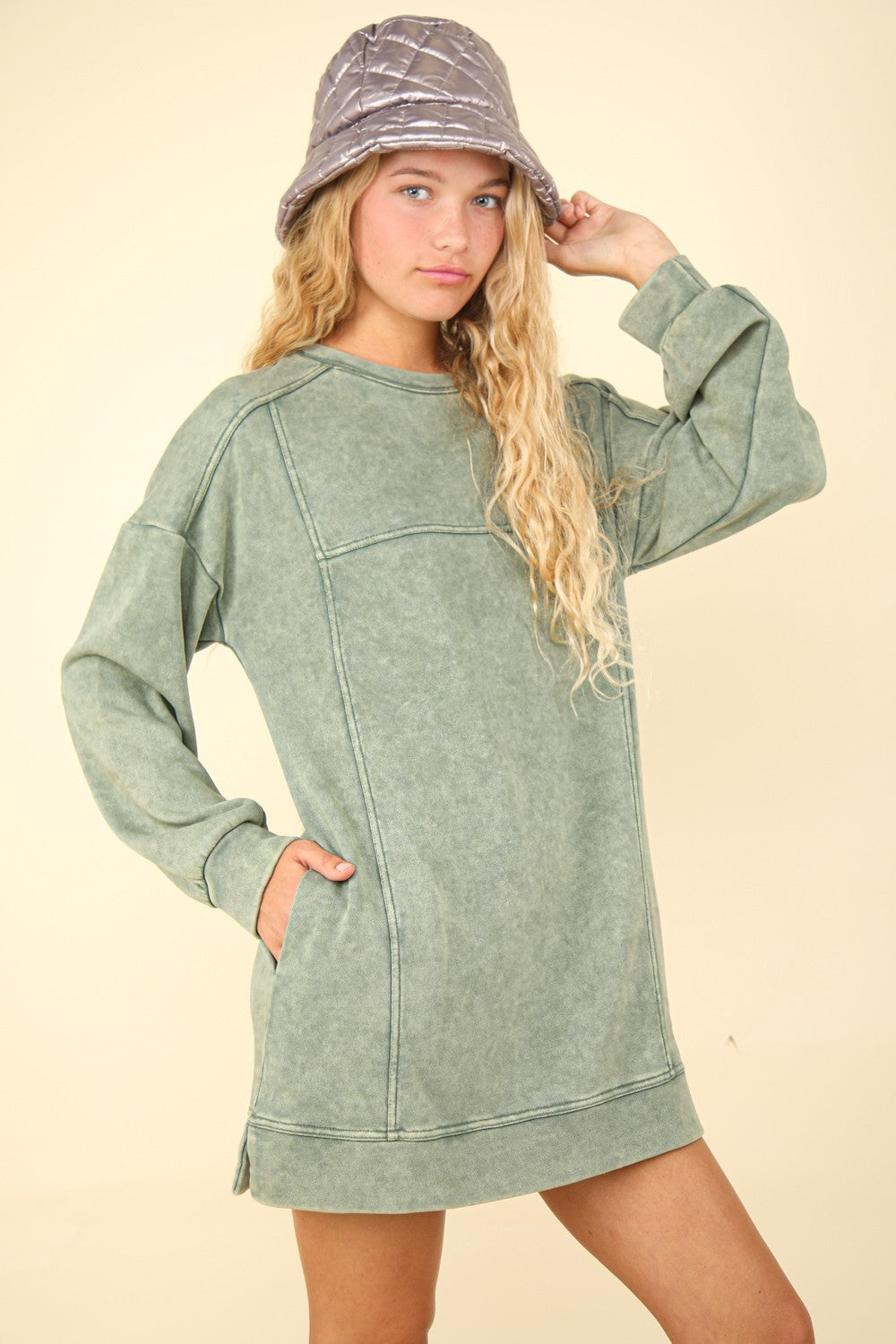 Sage Mineral Washed Oversized Knit Sweatshirt Dress