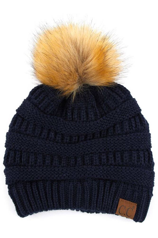 Navy C.C Solid Ribbed Knit Beanie With Pom