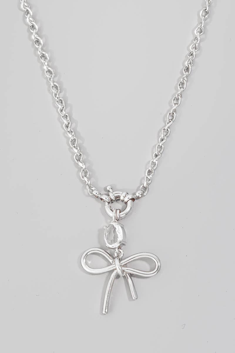 Gem And Ribbon Bow Pendant Chain Necklace