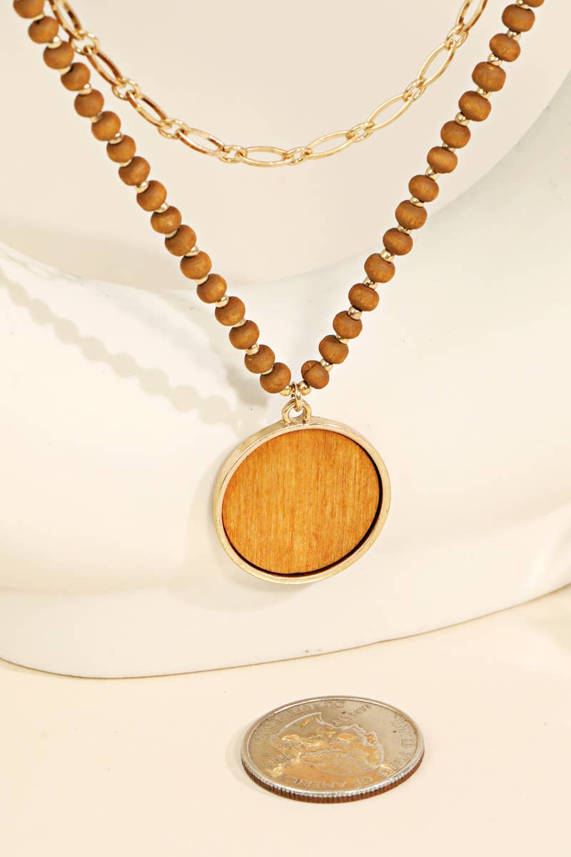 Layered Wooden Circle Disc Pendant Necklace